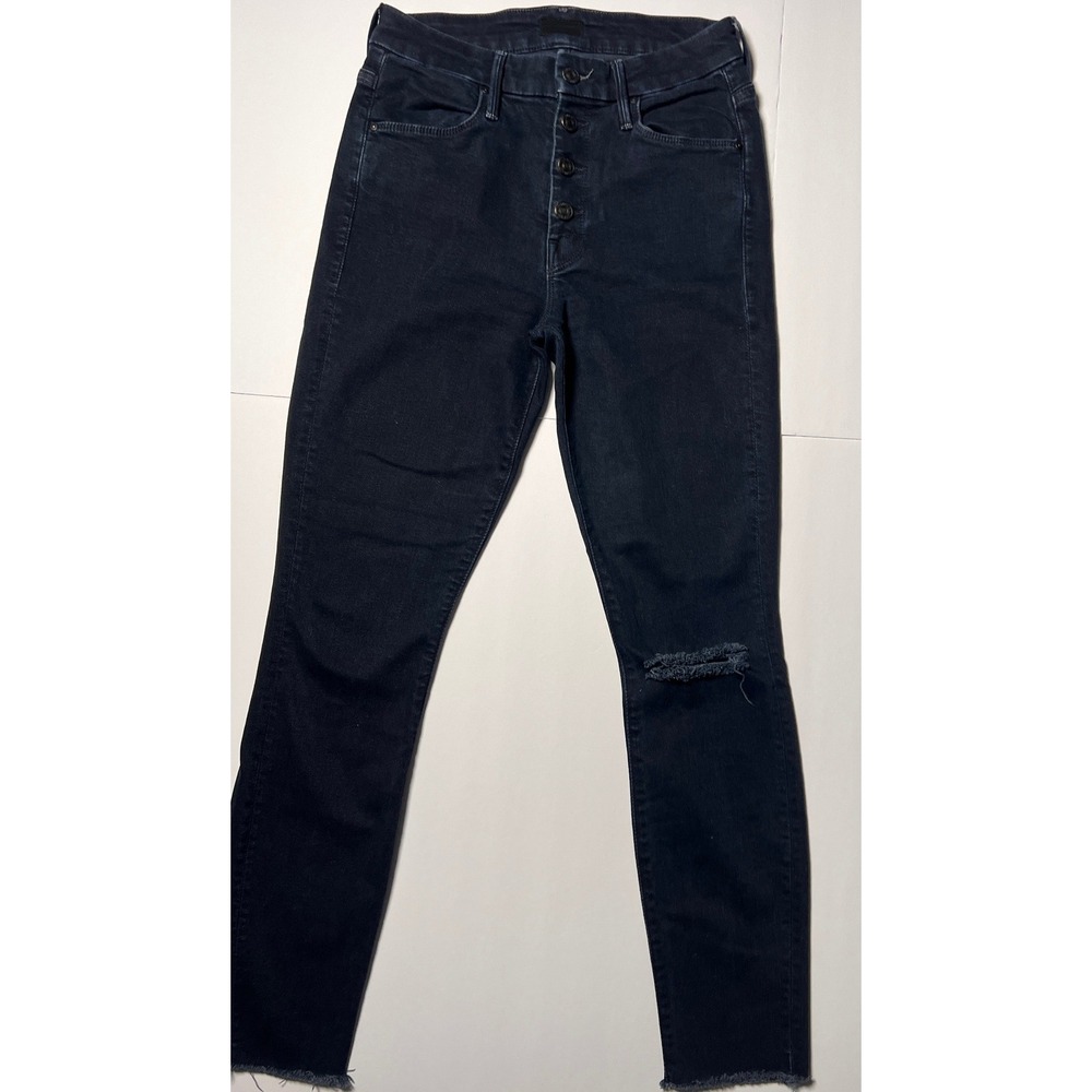 Mother Skinny Jeans Womens 26 Dark Wash Button Fly Distressed Raw Hem
